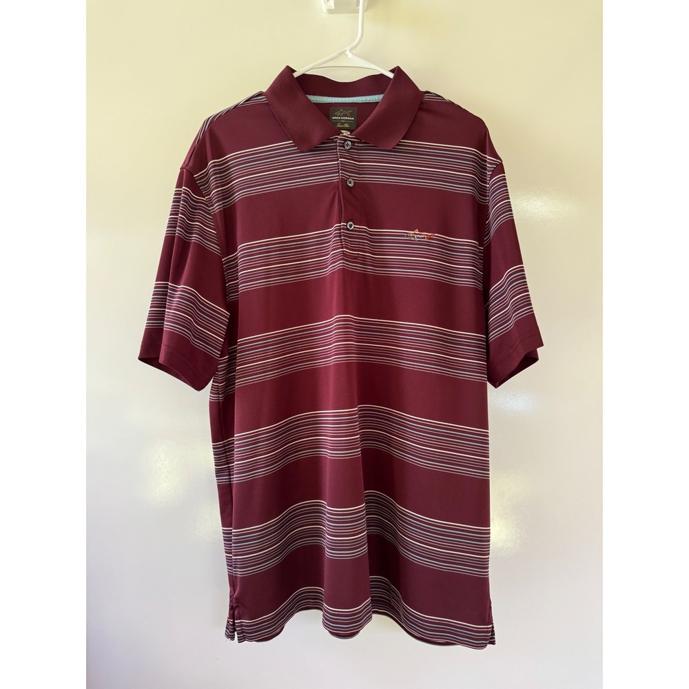 Greg Norman Tasso Elba Mens XL Polo Shirt Burgundy Striped Play Dry S/40215‎
